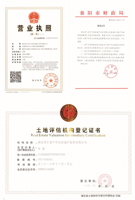 華仁資產(chǎn)評(píng)估房地產(chǎn)估價(jià)有限公司營(yíng)業(yè)執(zhí)照、資產(chǎn)評(píng)估備案公告、土地評(píng)估機(jī)構(gòu)登記證書.jpg