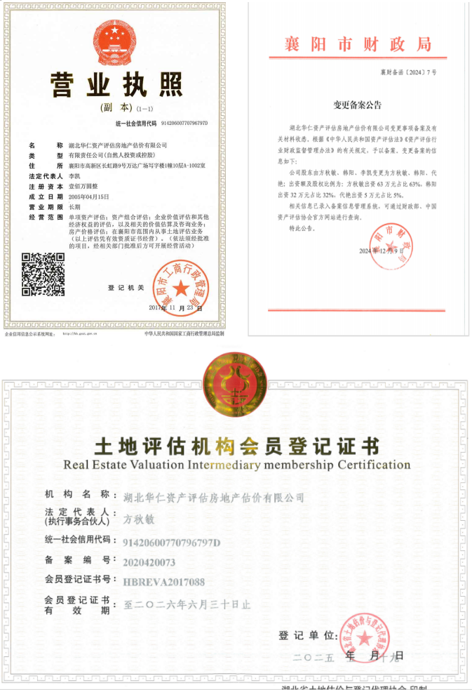 華仁資產(chǎn)評(píng)估房地產(chǎn)估價(jià)有限公司營業(yè)執(zhí)照、資產(chǎn)評(píng)估備案公告、土地評(píng)估機(jī)構(gòu)登記證書